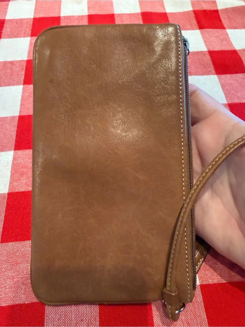 Coach Tan Leather Wristlet Clutch with Buckle Detail